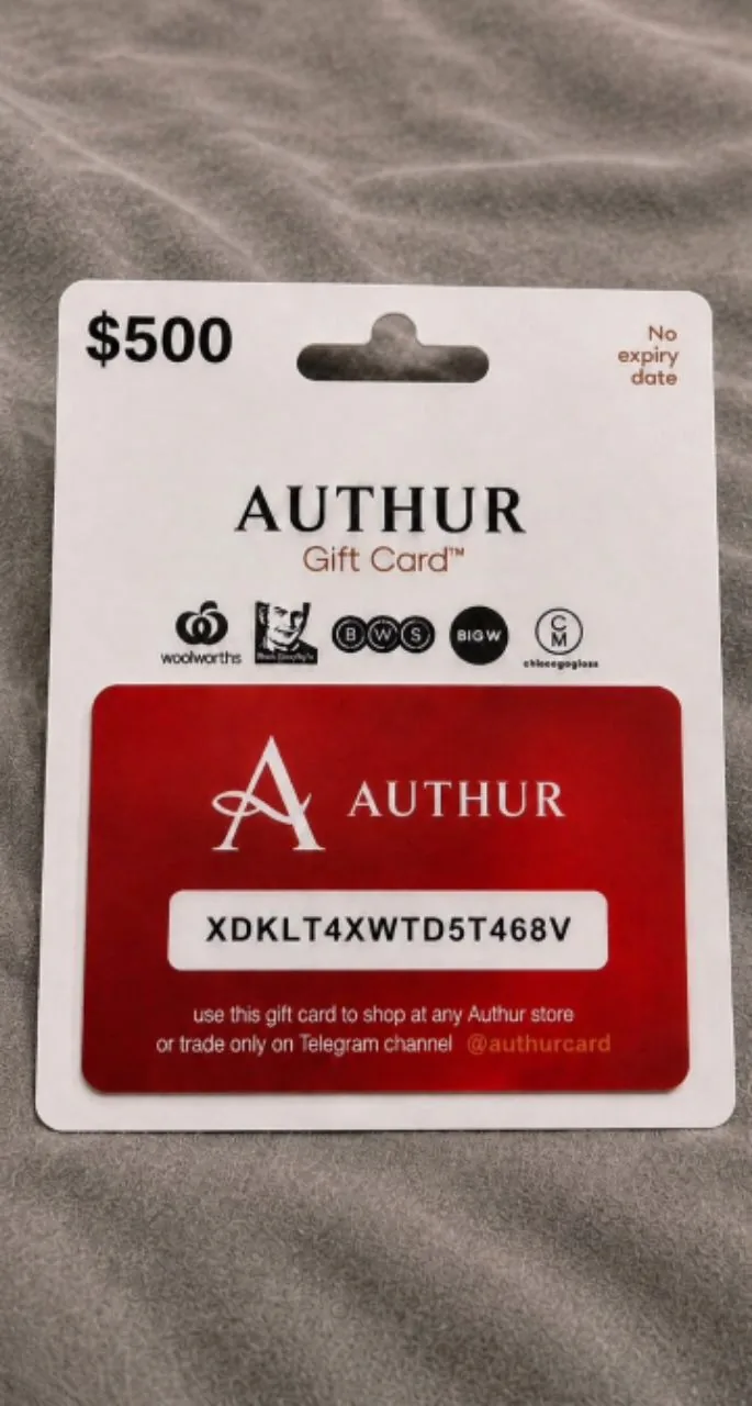 An Authur 500 dollar gift card — a free-marketing scam that borrows real retailer logos and tells holders to trade only on a Telegram channel