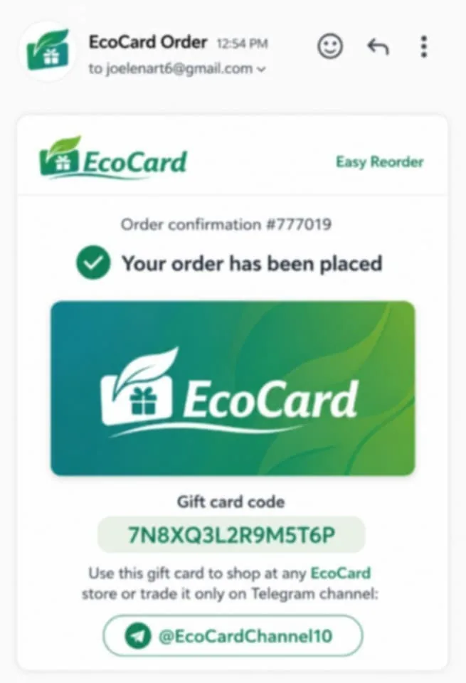 An EcoCard scam gift card directing victims to trade only on a Telegram channel