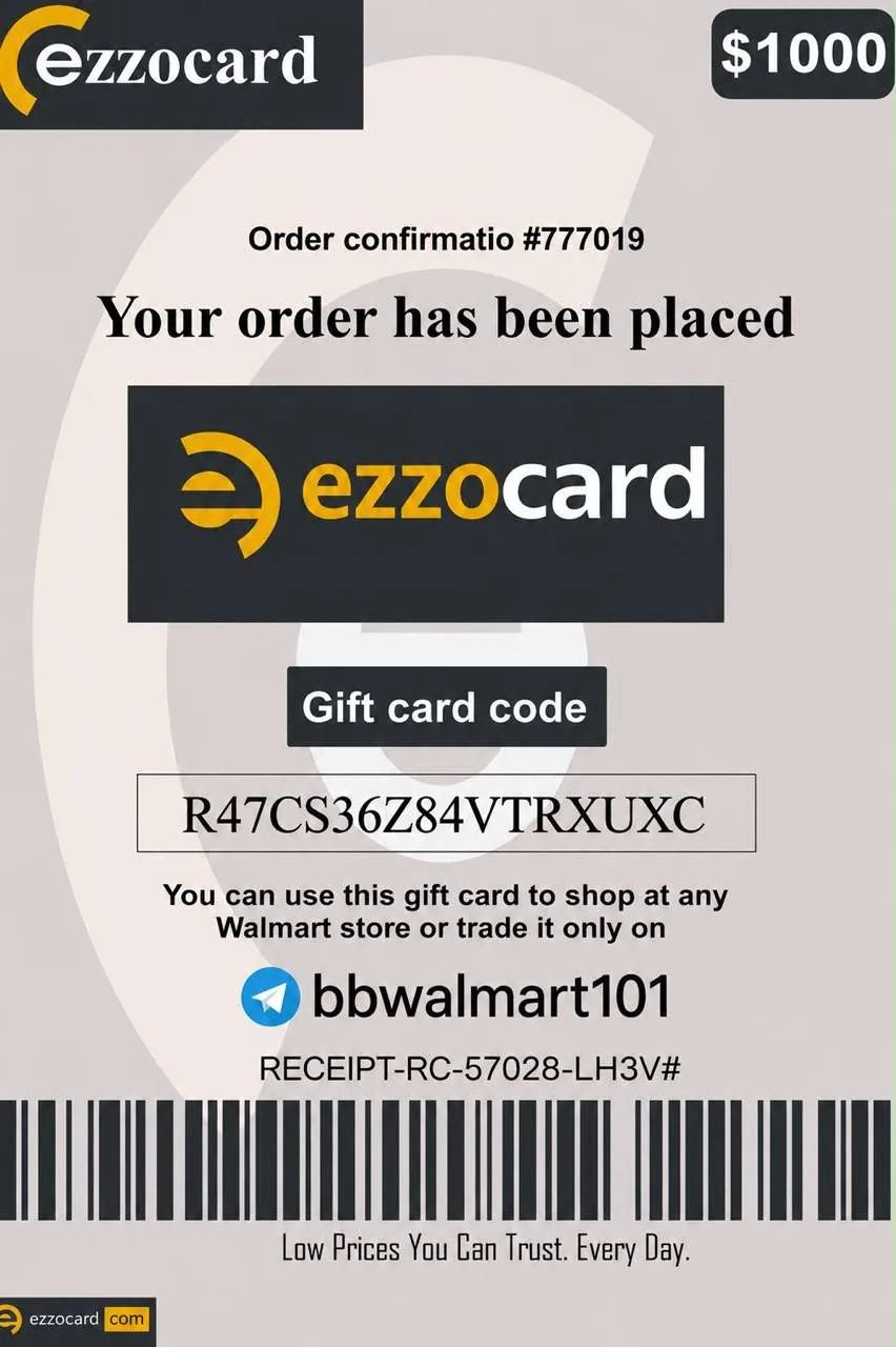 An Ezzocard scam gift card with a fake $1000 value and Telegram trade instructions