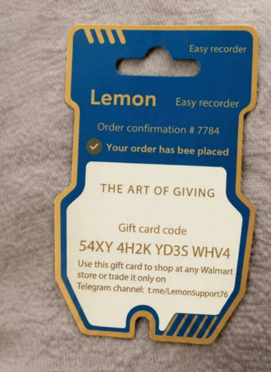 A Lemon scam gift card claiming it works at Walmart or a Telegram channel