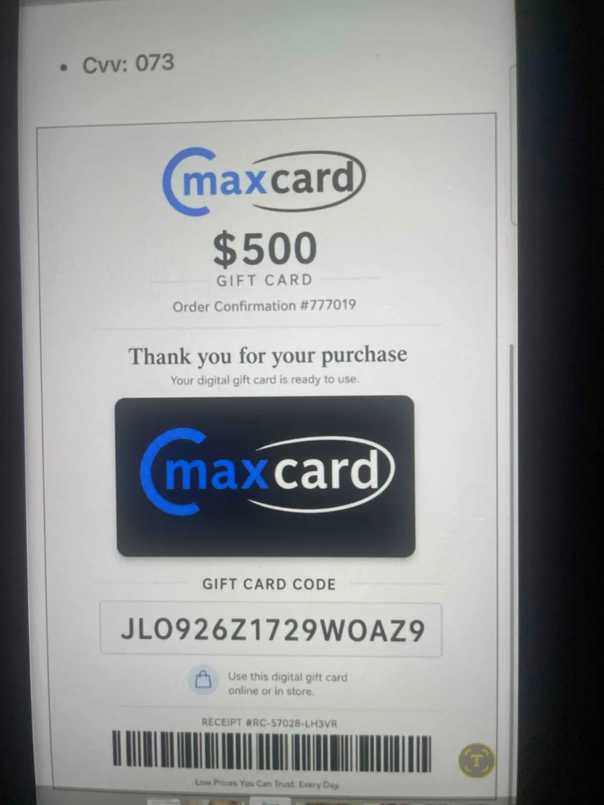A Maxcard gift card — a free-marketing scam that no store or app will honor