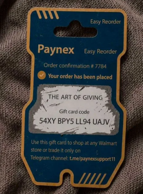 Paynex scam gift card instructing buyers to trade only on a Telegram channel