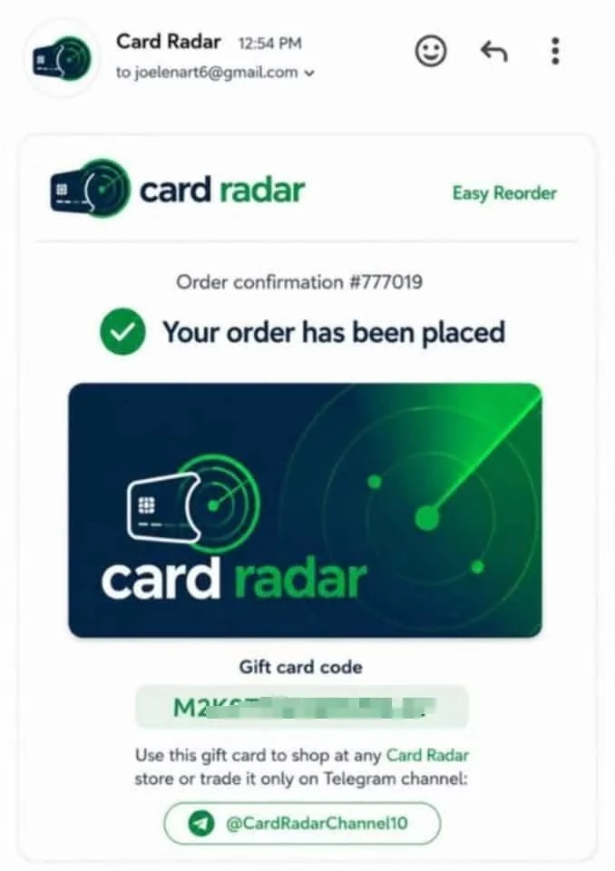 A Card Radar scam gift card shown inside a fake order confirmation with Telegram trade instructions