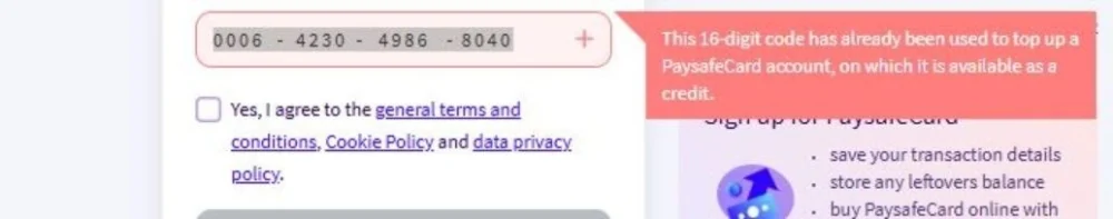 Paysafecard code already used to top up an account error
