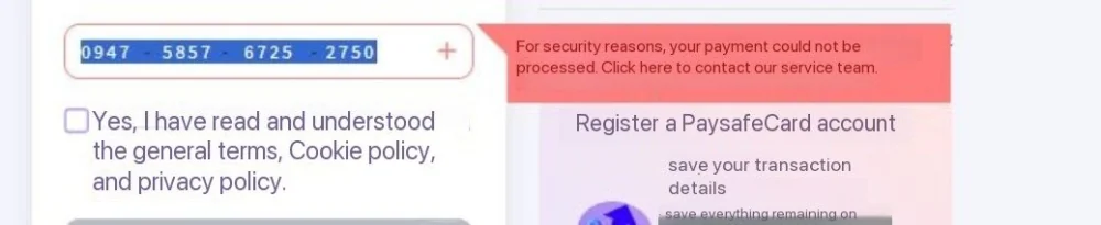 Paysafecard payment not processed error before selling