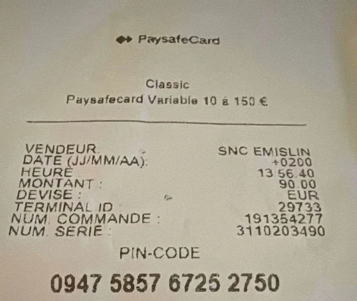 A Paysafecard receipt showing a 16-digit PIN code