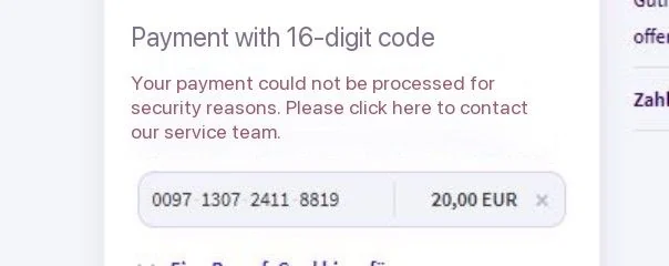 Paysafecard security lock error shown during the selling process