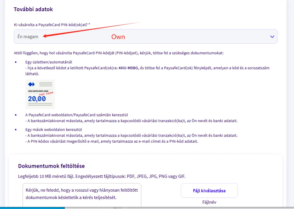 Paysafecard unlock form showing card origin selection