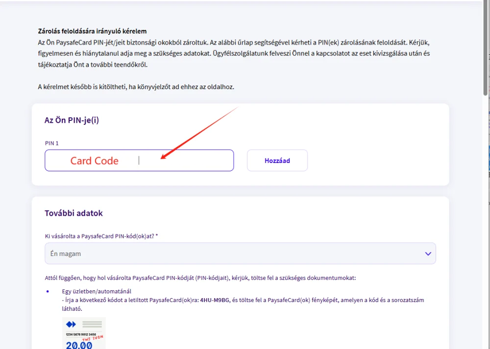 Paysafecard unlock form showing the PIN field