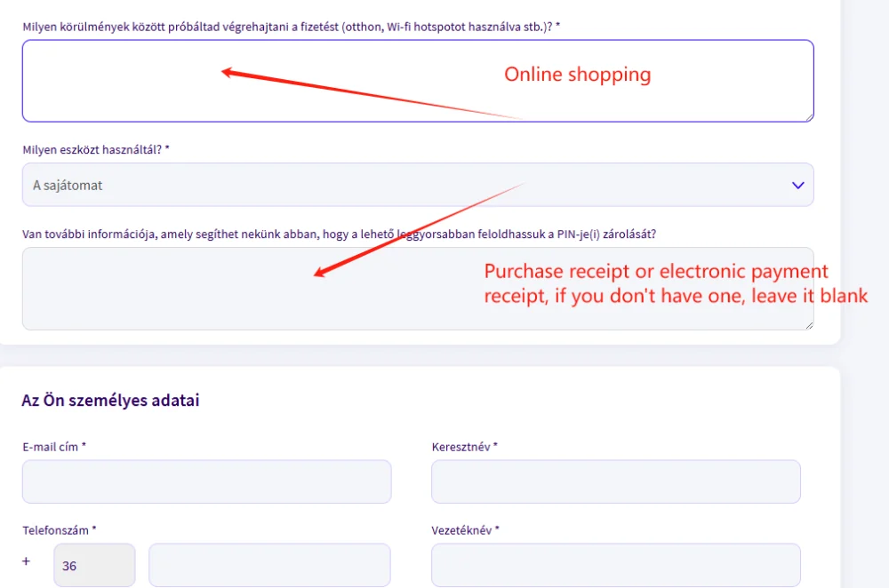 Paysafecard unlock form asking for a purchase receipt