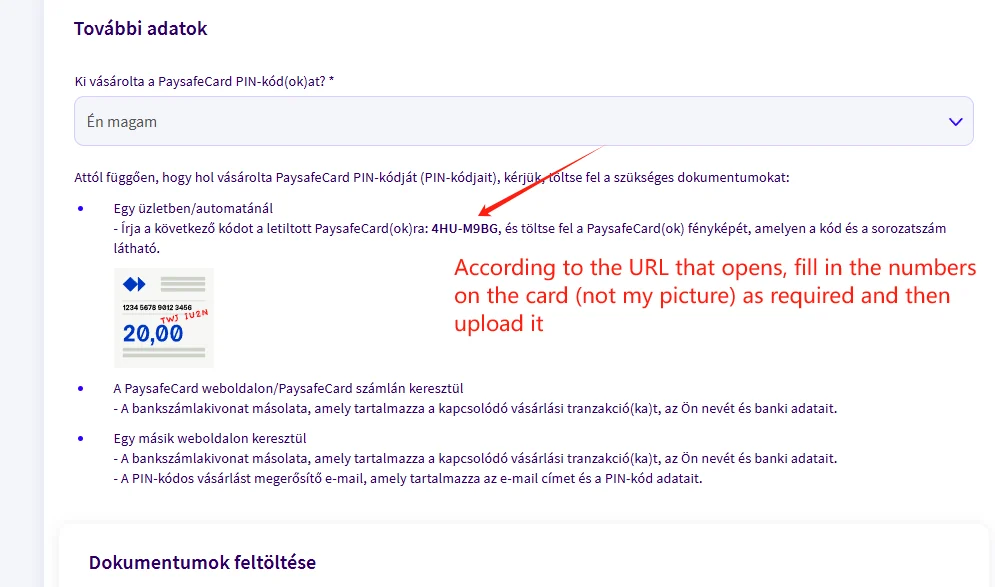 Paysafecard unlock form showing how to match URL numbers