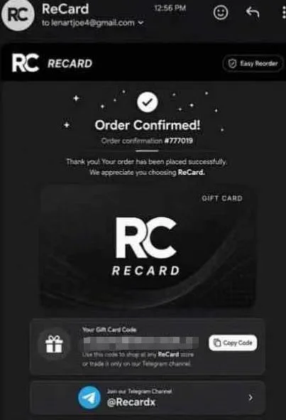 A Recard gift card — a free-marketing scam that no store or app will honor