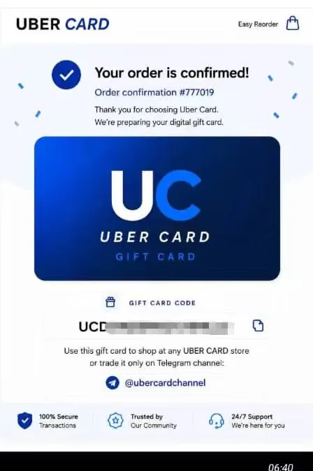 A UC Uber Card gift card screenshot with Telegram instructions, a common free-marketing scam format